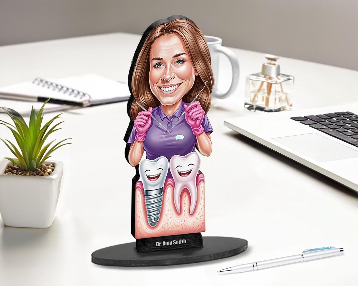 Personalized Prosthodontist Gift for Women | Custom Dental Implant Doctor Figurine with Name & Photo | Funny Magnet, Keychain | Car Charm