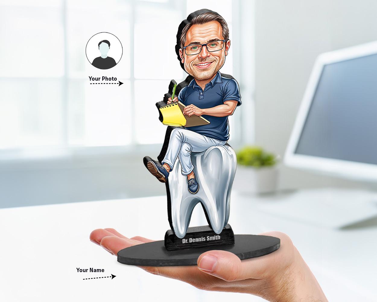 Big-head caricature of a male dentist sitting on a molar tooth, holding a yellow clipboard with dental forms, custom-made from a photo, printed on wood or acrylic.