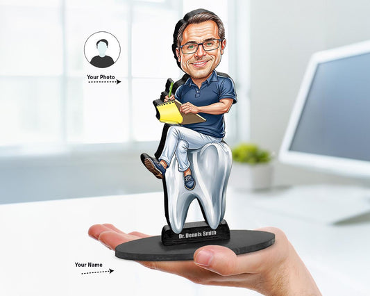 Big-head caricature of a male dentist sitting on a molar tooth, holding a yellow clipboard with dental forms, custom-made from a photo, printed on wood or acrylic.