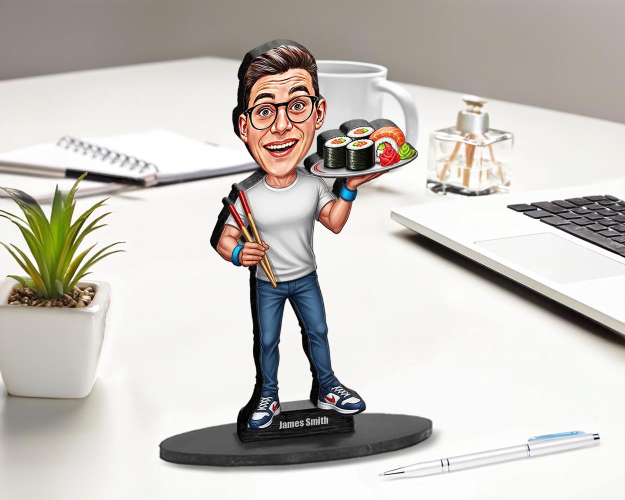 Personalized Sushi Lover Gift for Men β Custom Funny Figurine, Magnet, Keychain & Car Charm β Unique Caricature Portrait from Your Photo