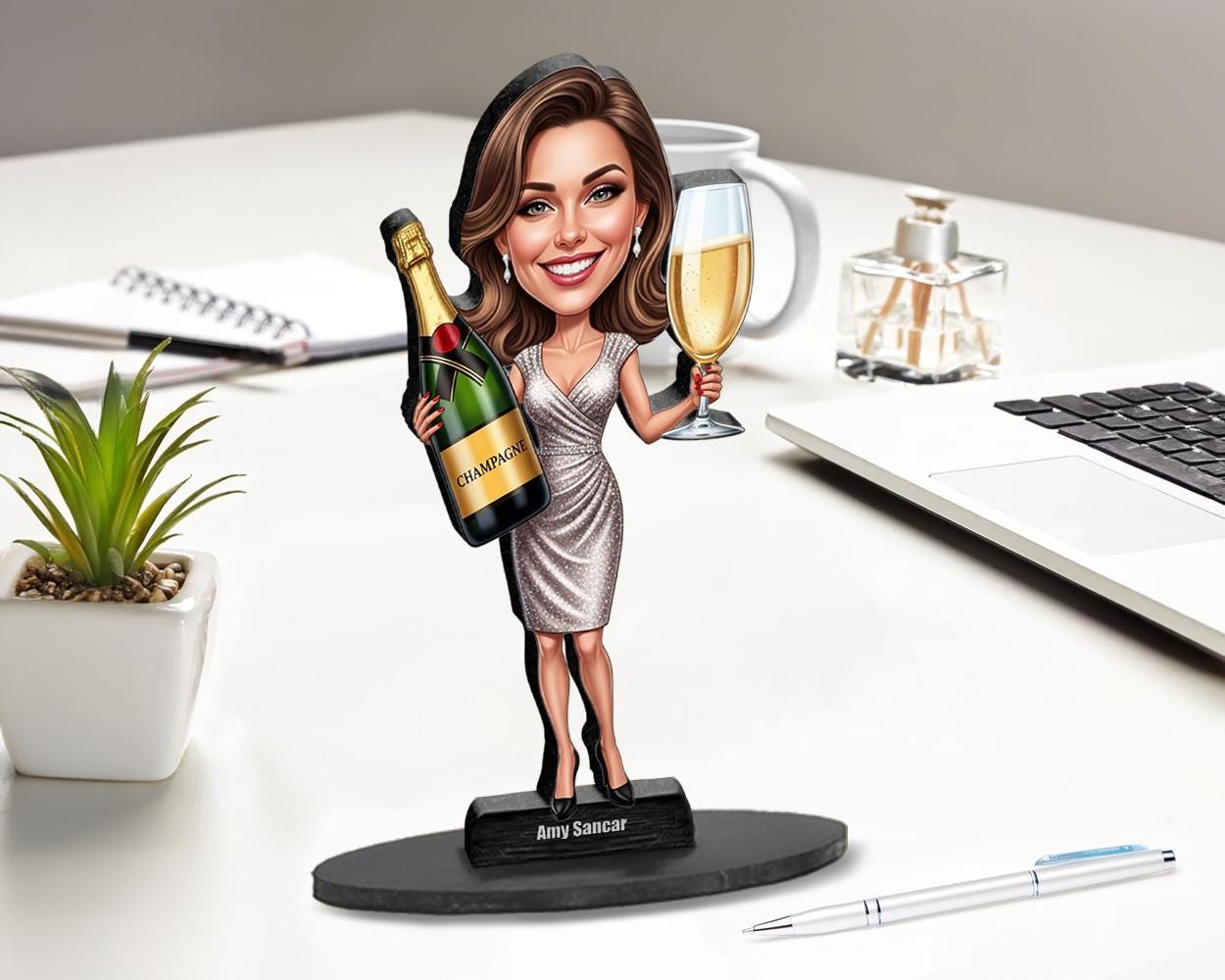 Funny Champagne Gift for Women β Personalized Celebration Figurine, Magnet, Keychain & Car Charm β Custom Caricature from Your Photo
