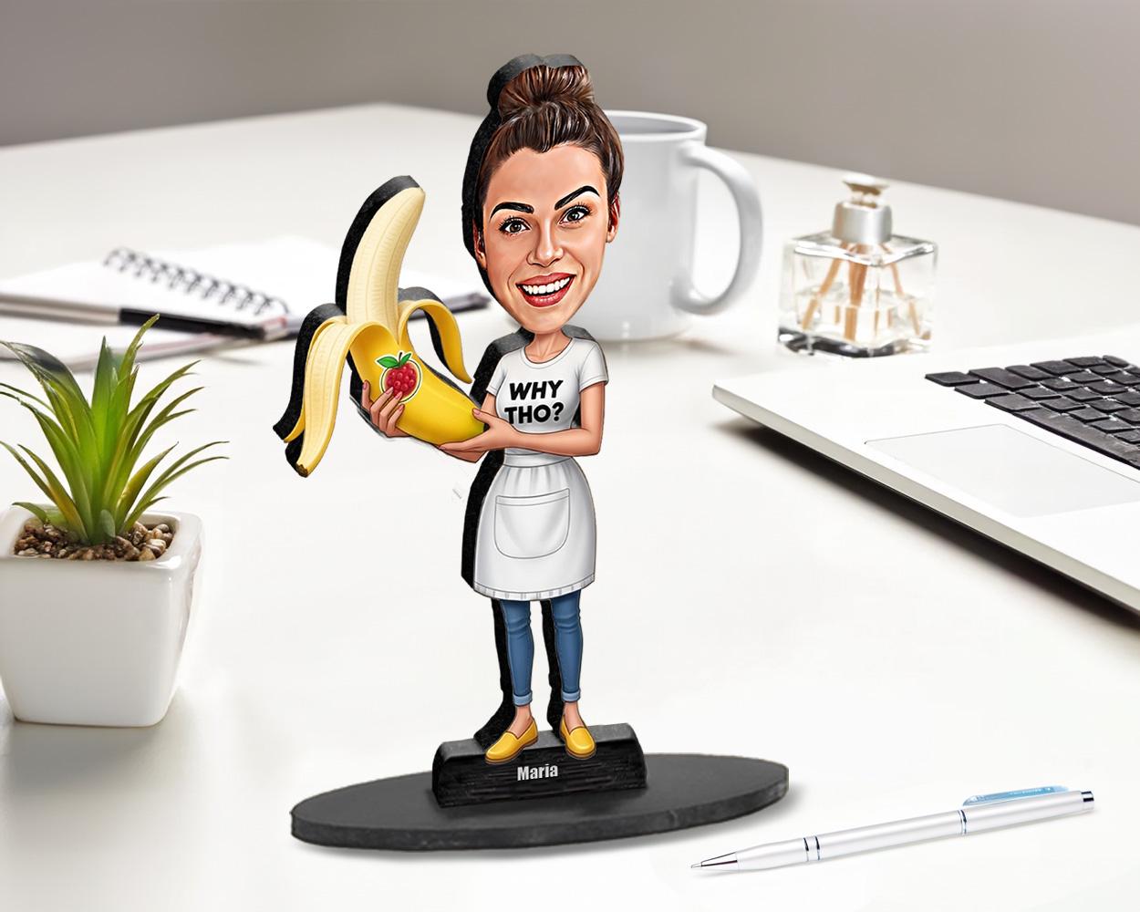 Funny Banana Figurine for Women | Custom Apron Caricature with “Why Tho?” Shirt | Personalized Gag Gift – Magnet, Keychain, Car Charm