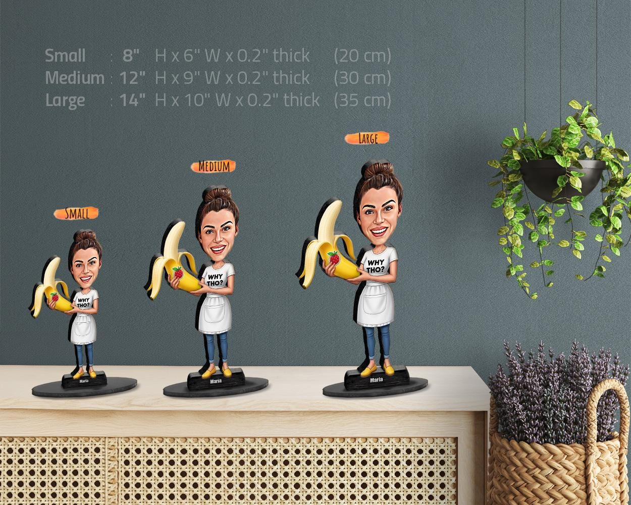 Funny Banana Figurine for Women | Custom Apron Caricature with “Why Tho?” Shirt | Personalized Gag Gift – Magnet, Keychain, Car Charm