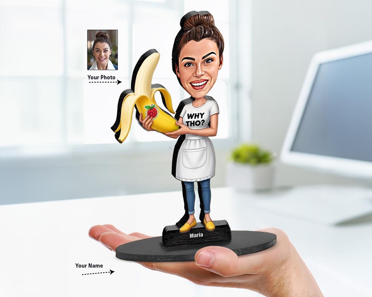 Personalized big-head caricature of a woman in apron holding a giant banana with strawberry, based on user photo, printed on wood or acrylic with “WHY THO?” text on shirt.