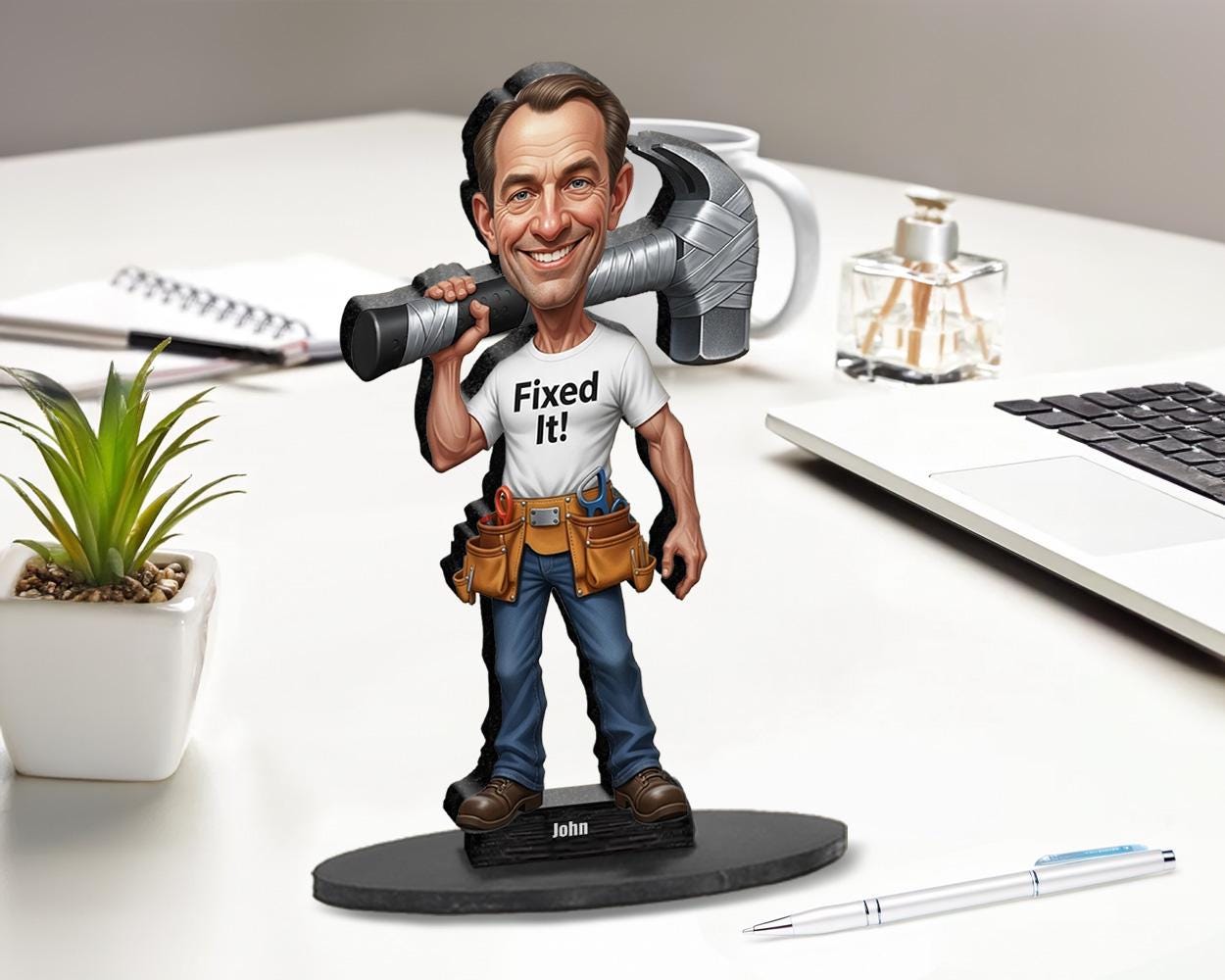 Fixed It Figurine | Funny Handy Man Caricature Gift | Personalized Tool Guy Magnet, Keychain, Car Charm