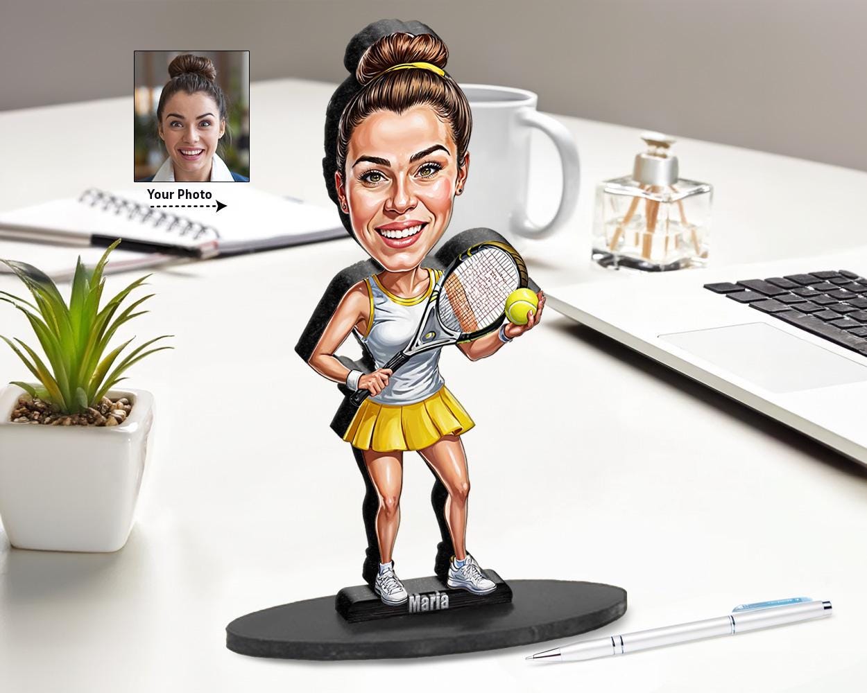 Personalized Tennis Player Gift for Women | Custom Female Athlete Figurine with Name & Photo | Magnet, Keychain, Car Charm | TP95768