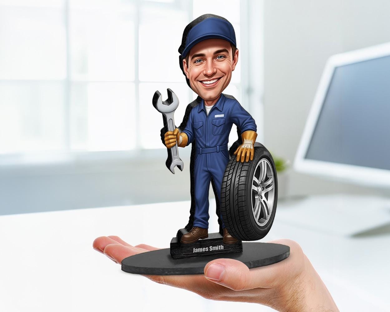 Big-head cartoon caricature of a male car mechanic with tools, custom-made from a photo, printed on clear acrylic or mounted on a wooden base.