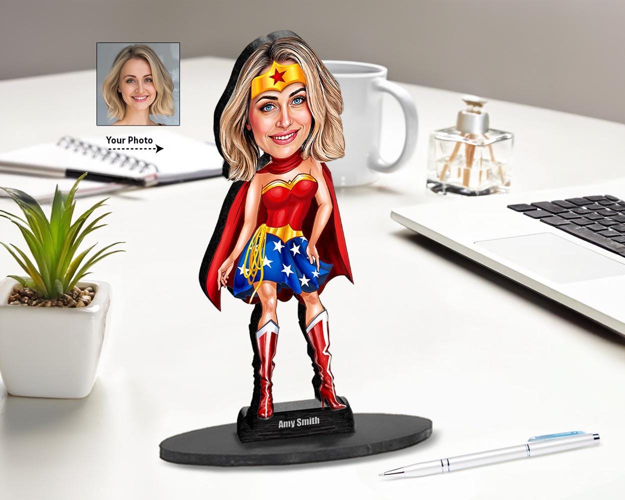 Superhero Woman Figurine | Custom Wonder-Inspired Portrait Gift | Personalized Acrylic or Wooden Trophy from Photo