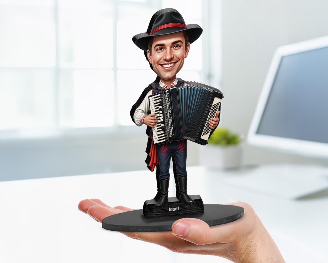 Big-head cartoon caricature of a male accordion player in traditional folk attire, custom-made from a photo, printed on acrylic or wood.
