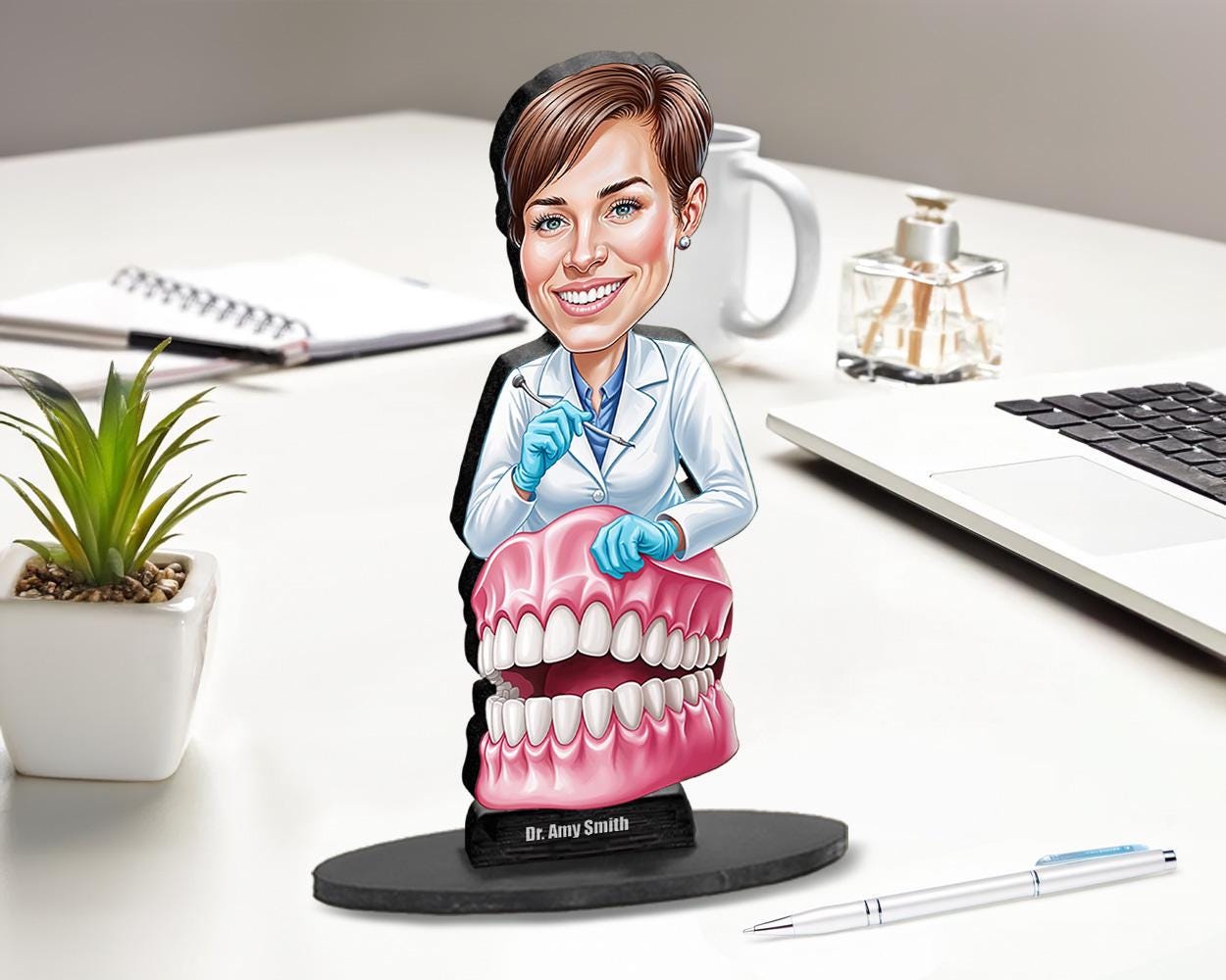 Orthodontist Graduation Gift | Custom Dentist Figurine with Dental Model | Personalized Caricature Figurine, Magnet, Keychain & Car Charm