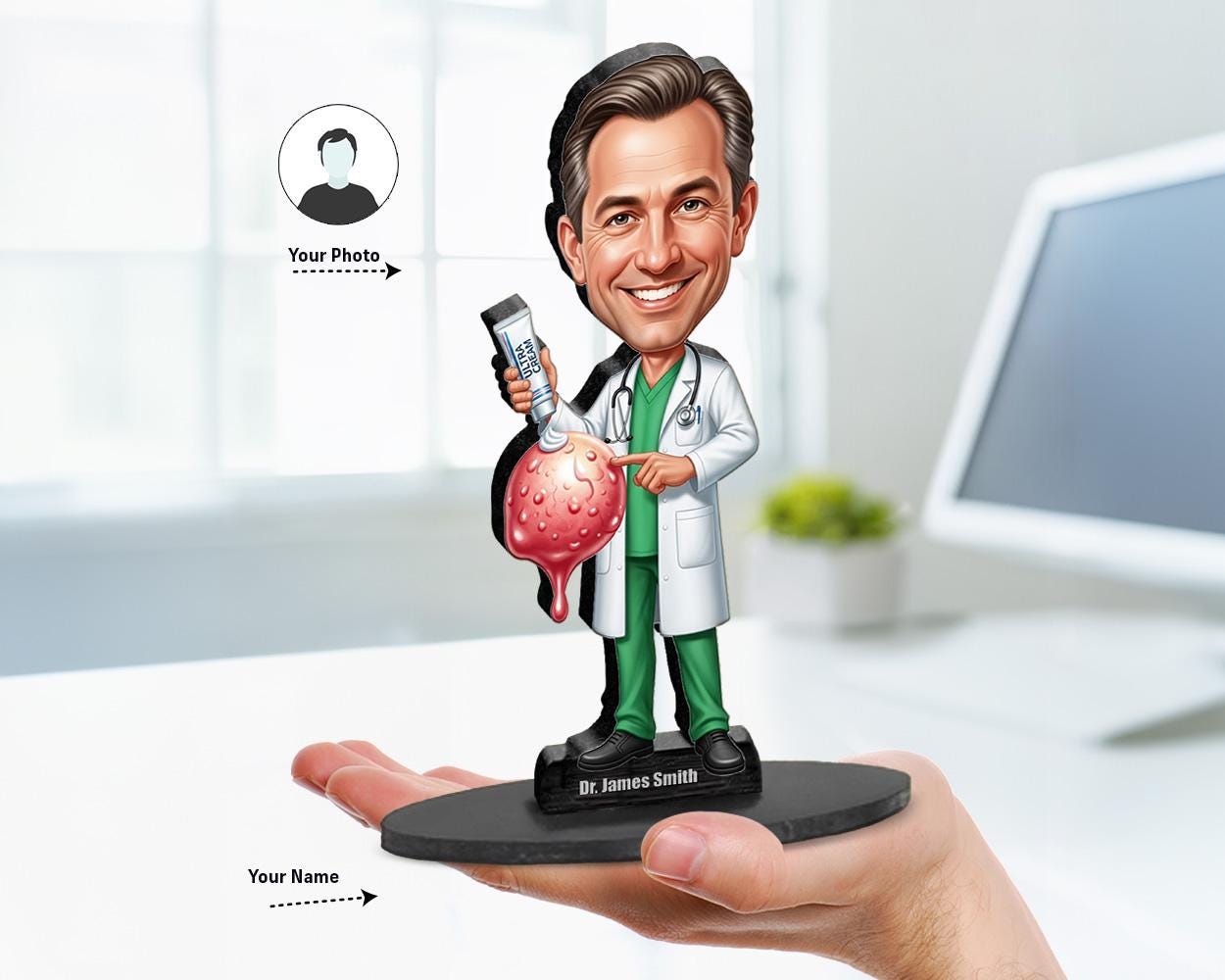 Big-head cartoon caricature of a male dermatologist holding a dermatoscope, custom-made from your photo, printed on wood or acrylic.