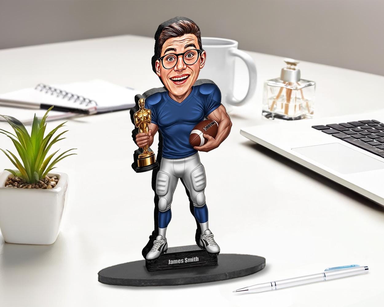 Custom Football Award Gift | Personalized Funny Figurine with Trophy | American Football Magnet, Keychain, Car Charm