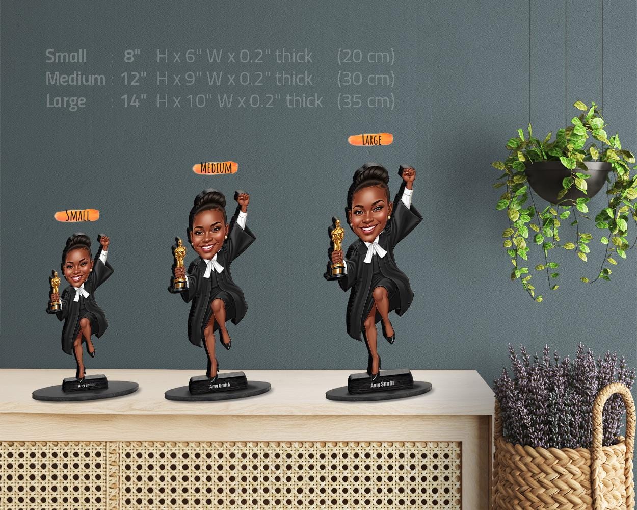 Custom Female Lawyer Figurine | Funny Attorney Graduation Gift with Trophy | Personalized Magnet, Keychain, Car Charm