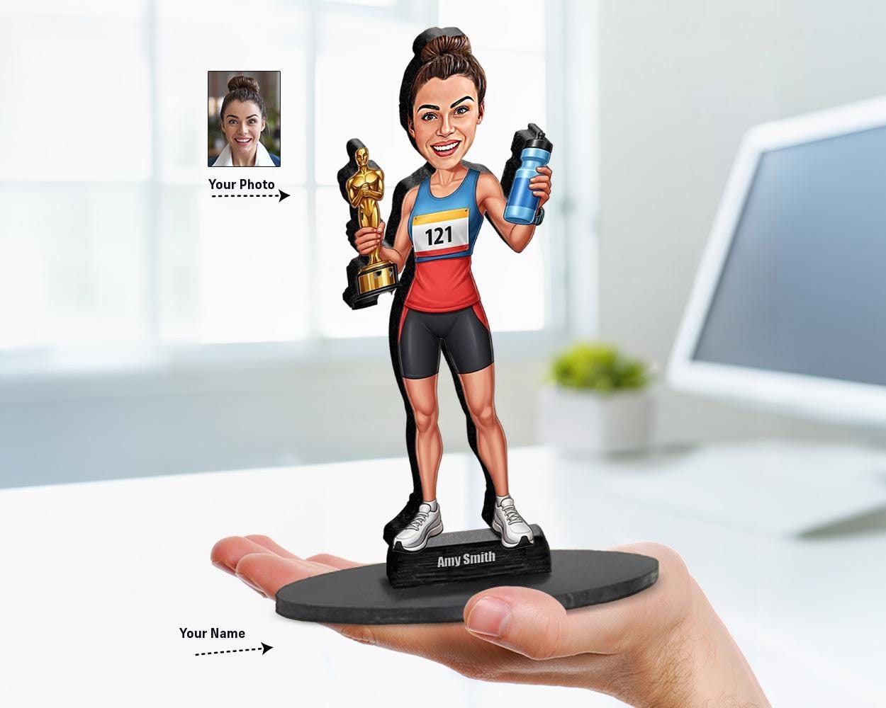Custom caricature of a female marathon runner with trophy and water bottle, personalized with your face and name, in wood or acrylic format.