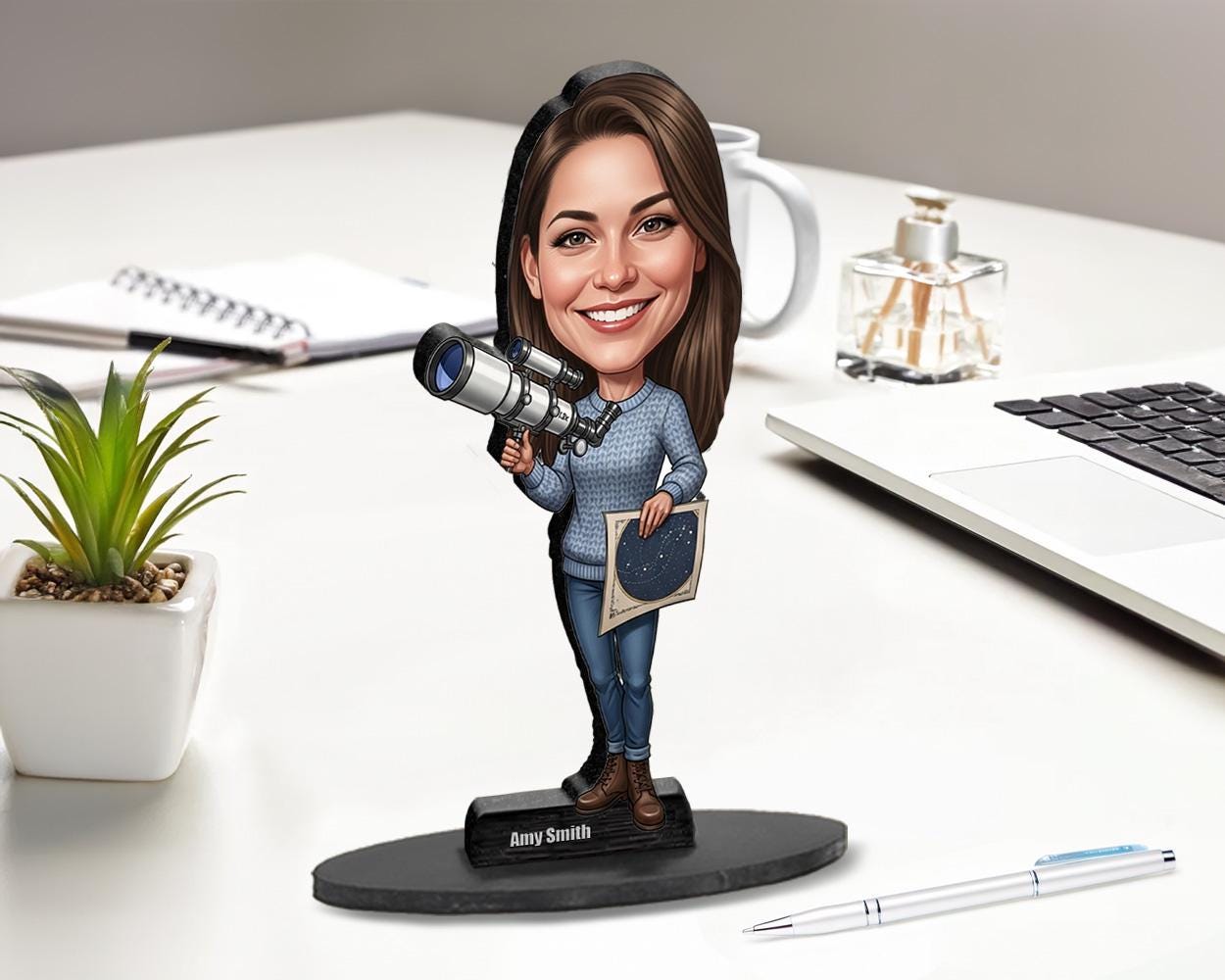 Personalized Female Astronomer Gift | Custom Stargazer Figurine with Name & Photo | Funny Magnet, Keychain | Car Charm Keepsake