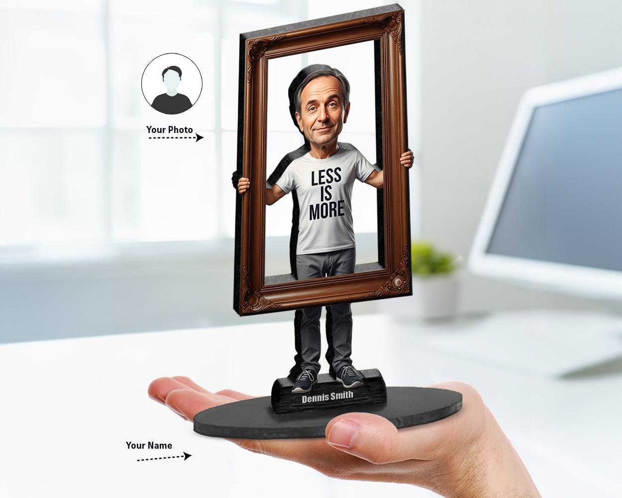 Big-head caricature of a man wearing “Less is More” t-shirt, standing behind a large ornate frame, custom-made from a photo