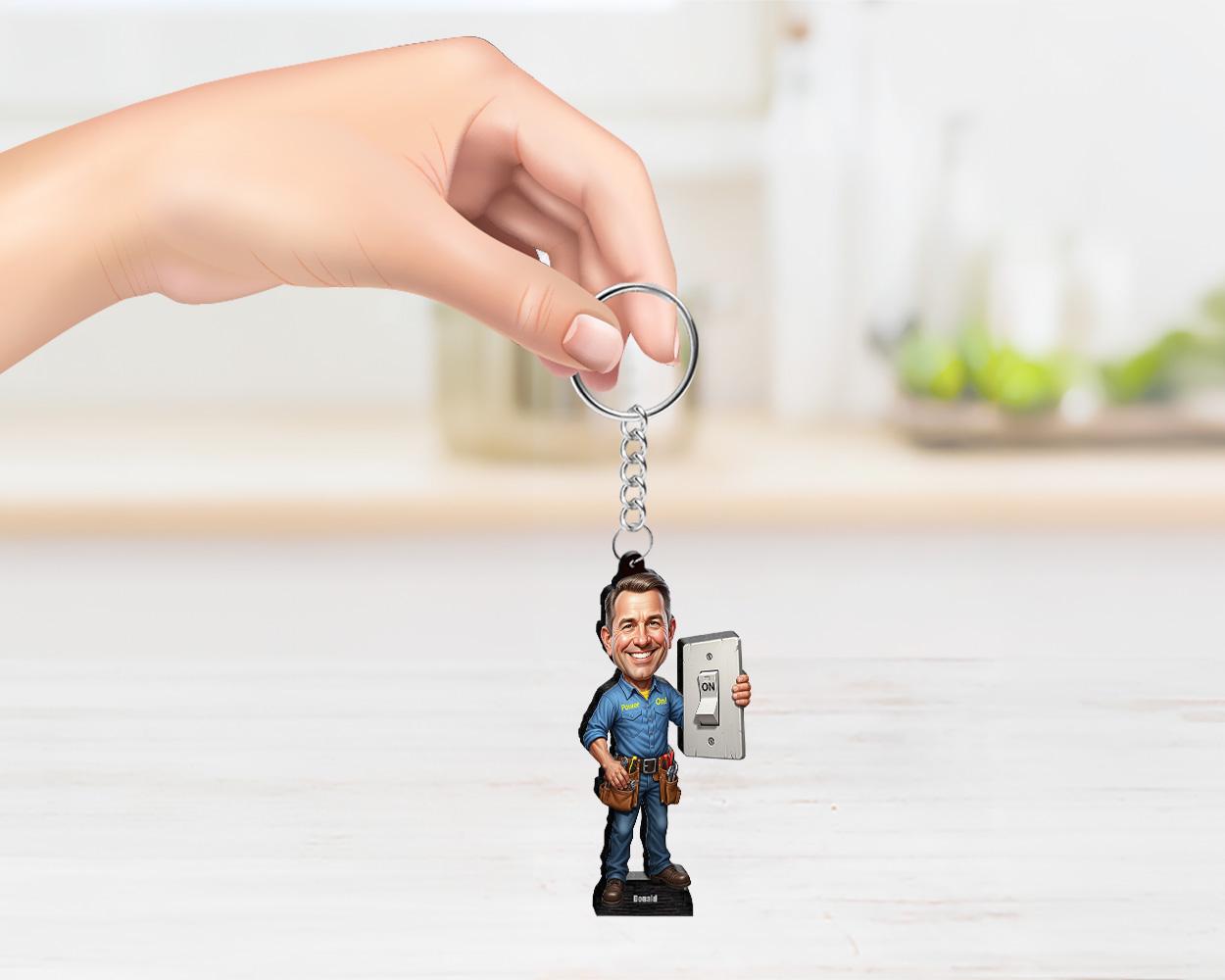 Custom Electrician Gift for Him | Funny Figurine with Light Switch & Tool Belt | Personalized Magnet, Keychain, Car Charm from Photo