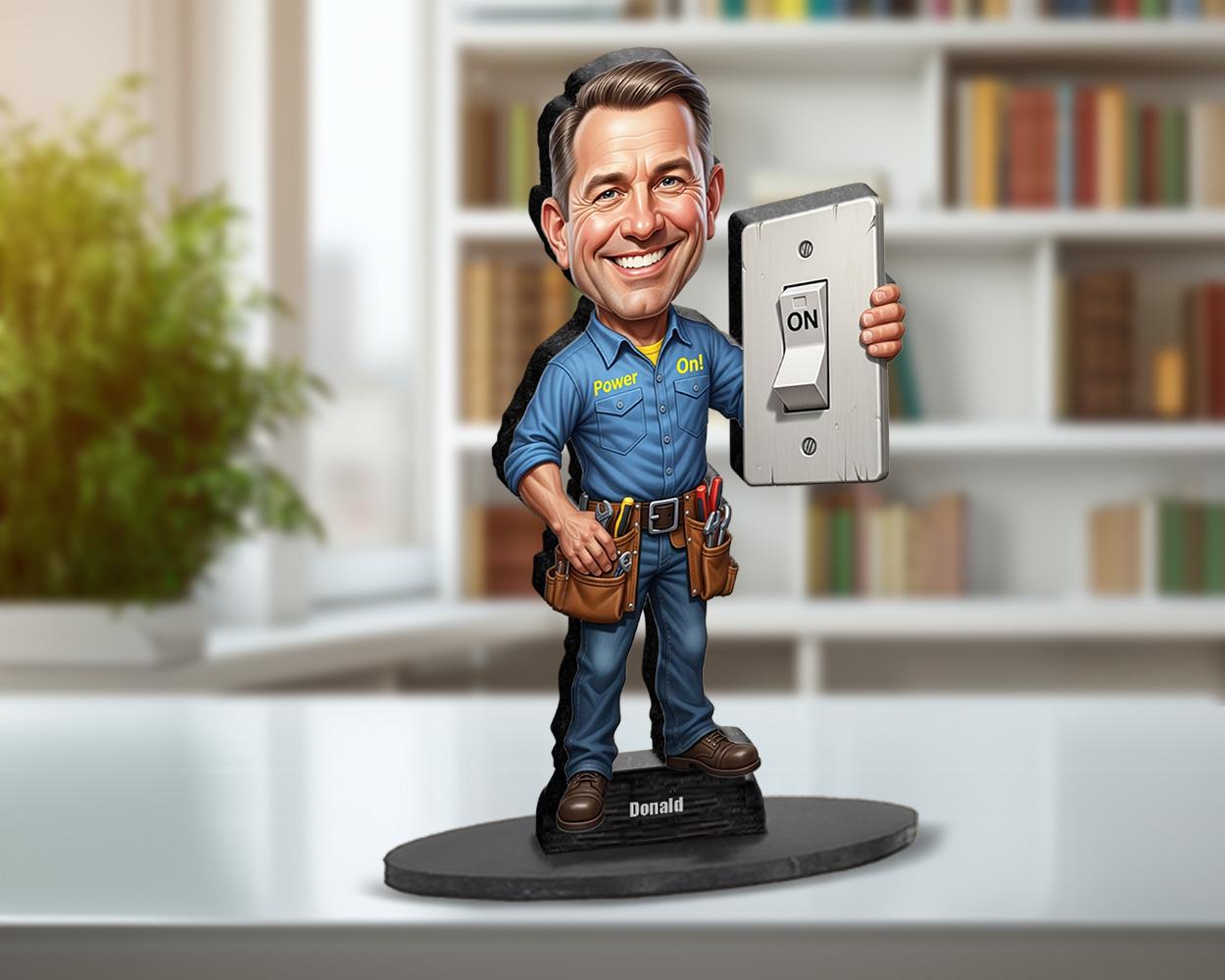 Custom Electrician Gift for Him | Funny Figurine with Light Switch & Tool Belt | Personalized Magnet, Keychain, Car Charm from Photo