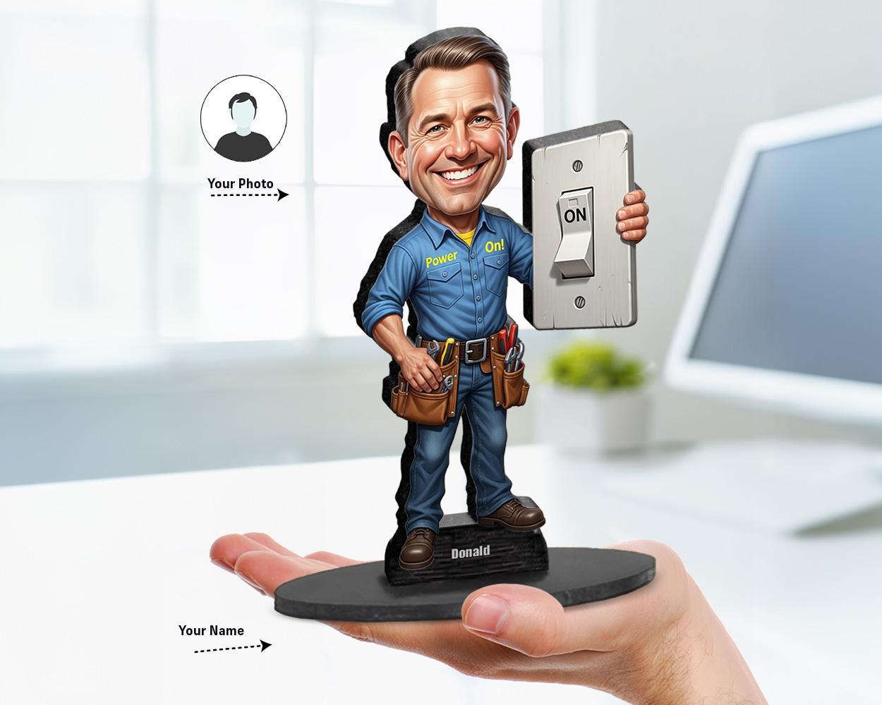 Custom caricature of a smiling electrician holding a large light switch, wearing a “Power On!” jumpsuit and tool belt. Personalized from your photo.