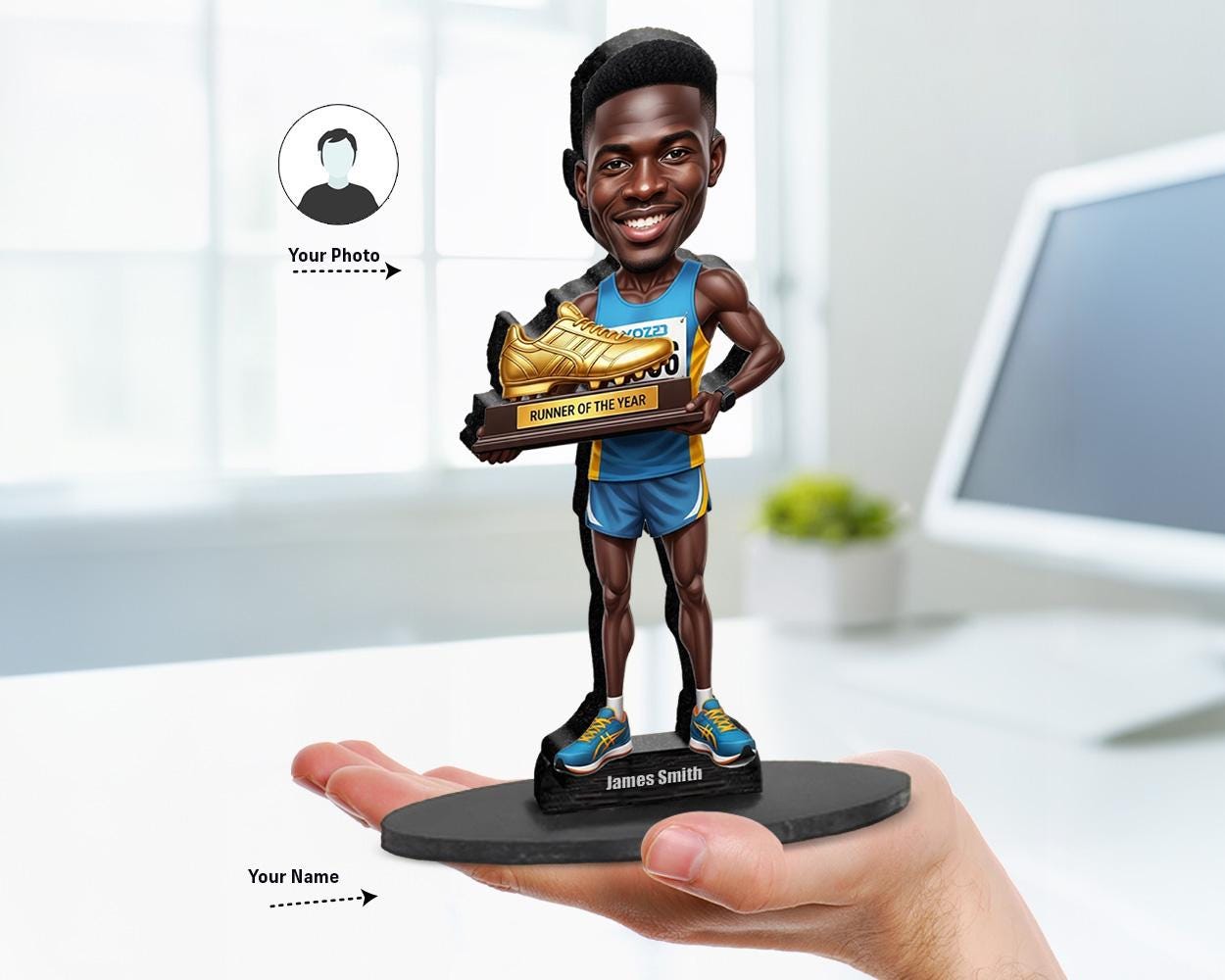 Personalized caricature of a Black male runner holding a golden shoe trophy. Custom face and name on figurine base.