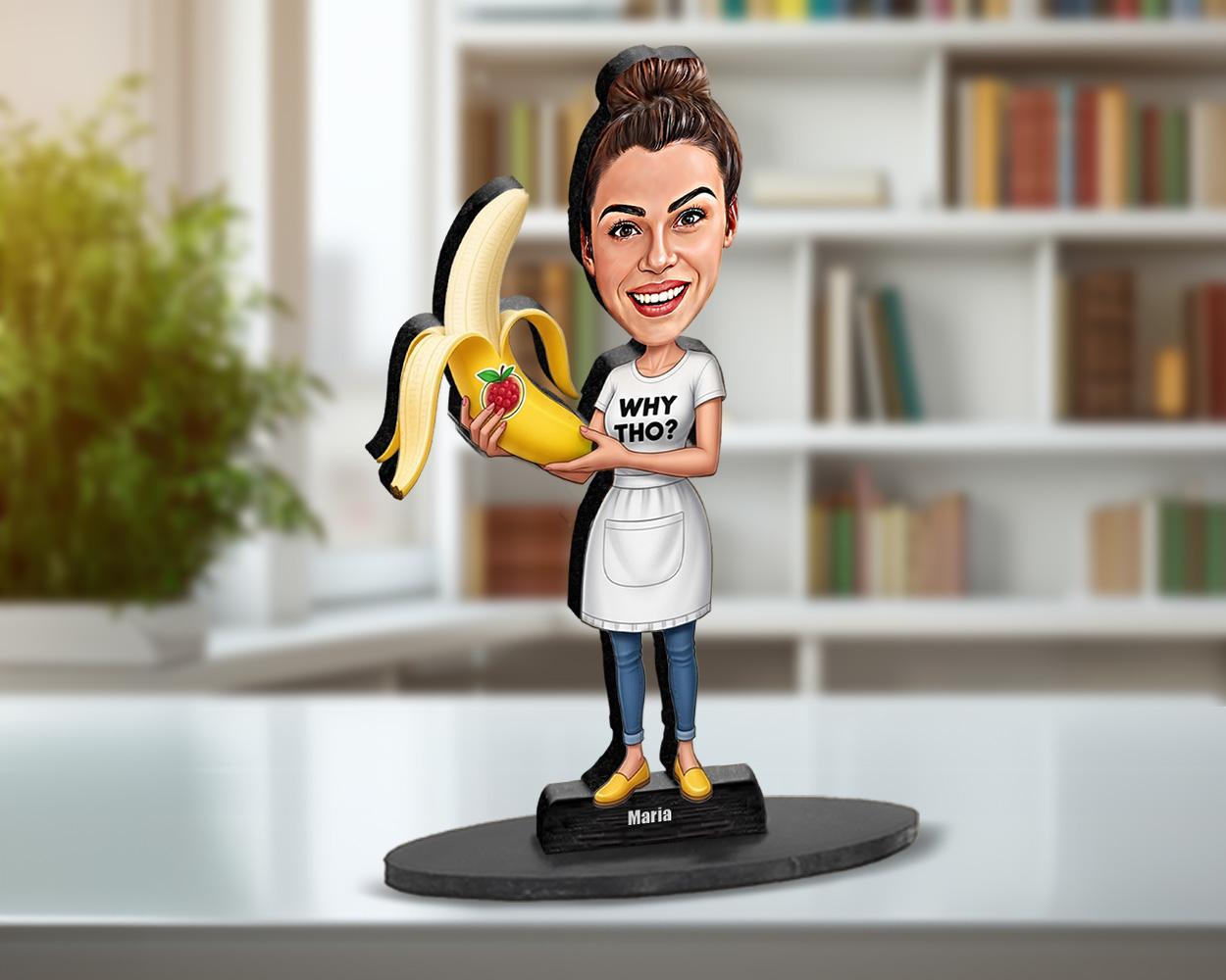 Funny Banana Figurine for Women | Custom Apron Caricature with “Why Tho?” Shirt | Personalized Gag Gift – Magnet, Keychain, Car Charm