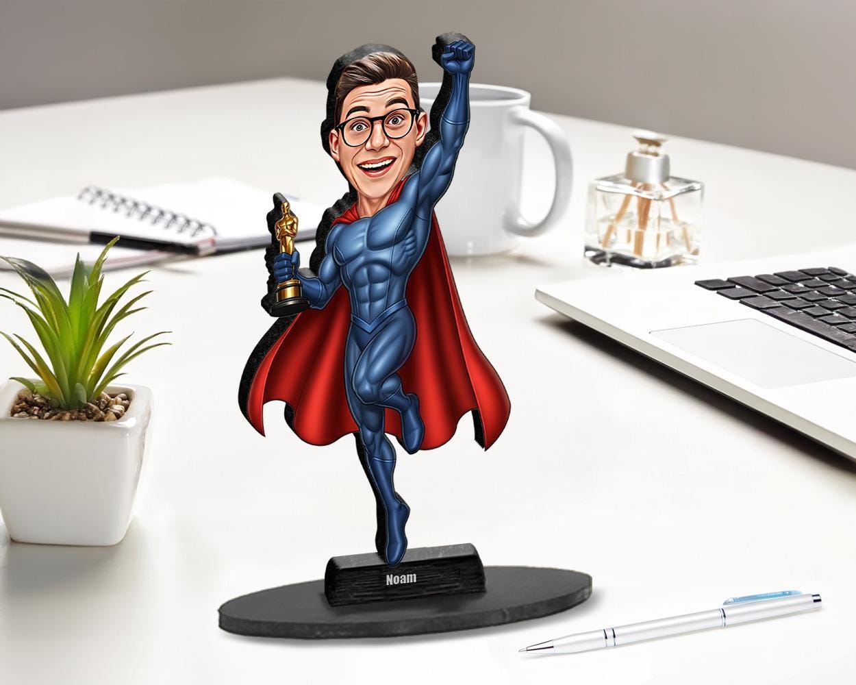 Custom Award Hero Gift for Men | Personalized Superhero Trophy Figurine from Photo | Funny Magnet, Keychain, Car Charm