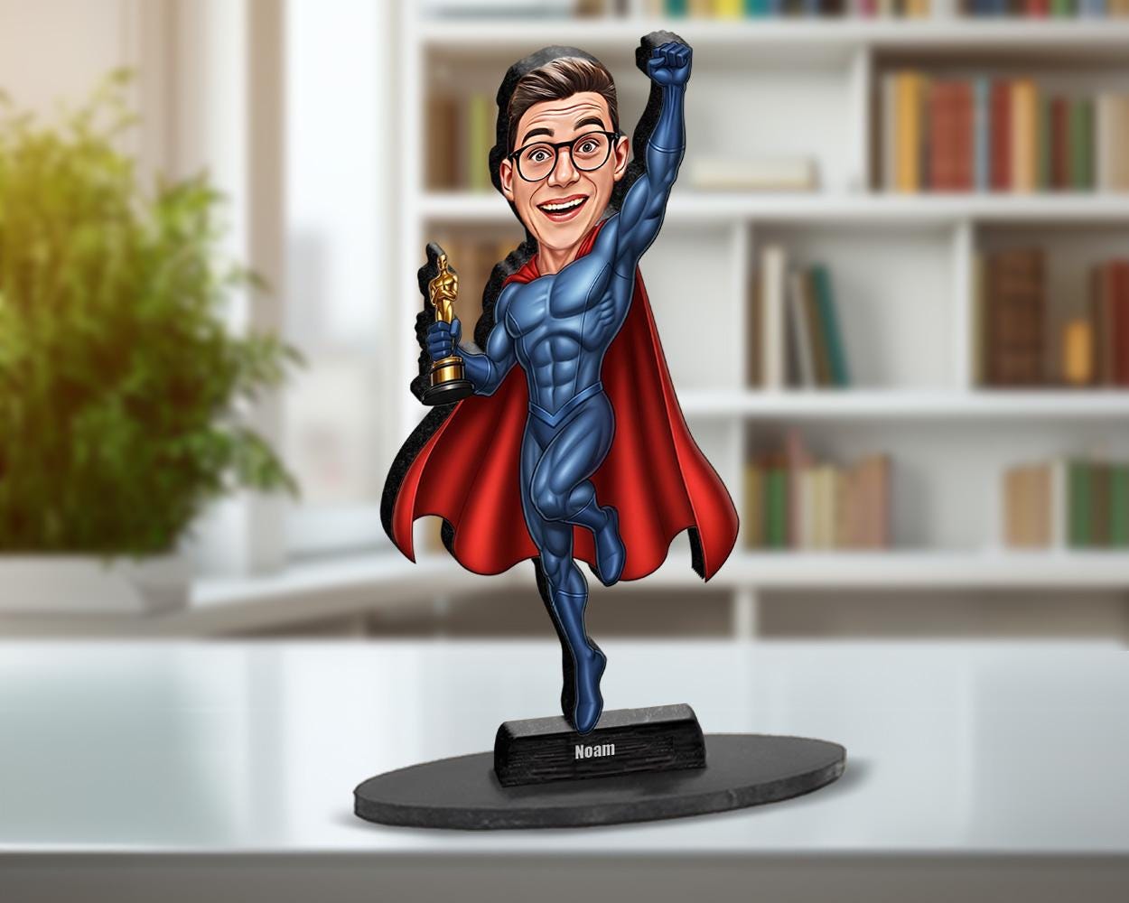 Custom Award Hero Gift for Men | Personalized Superhero Trophy Figurine from Photo | Funny Magnet, Keychain, Car Charm