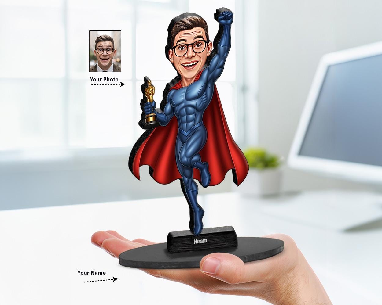 Personalized male superhero caricature figurine with red cape and trophy, based on user's photo. Custom name on base. White background.