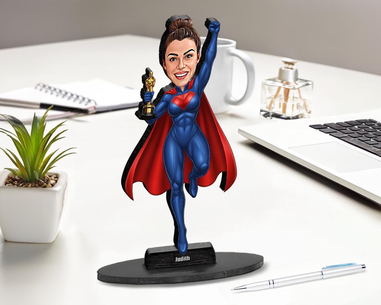 Custom Award Hero Gift for Women | Personalized Superhero Trophy Figurine from Photo | Funny Magnet, Keychain, Car Charm