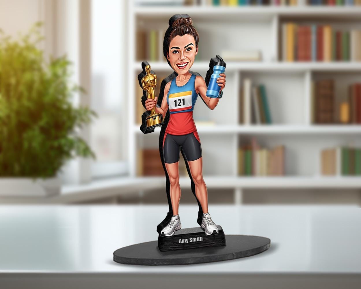 Custom Female Marathon Runner Figurine | Personalized Race Day Gift with Trophy | Unique Magnet, Keychain, Car Charm