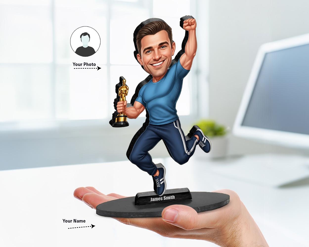 Custom caricature of a fitness-themed figure holding a trophy, based on your photo, in jumping pose with blue outfit, printed on wood or acrylic.