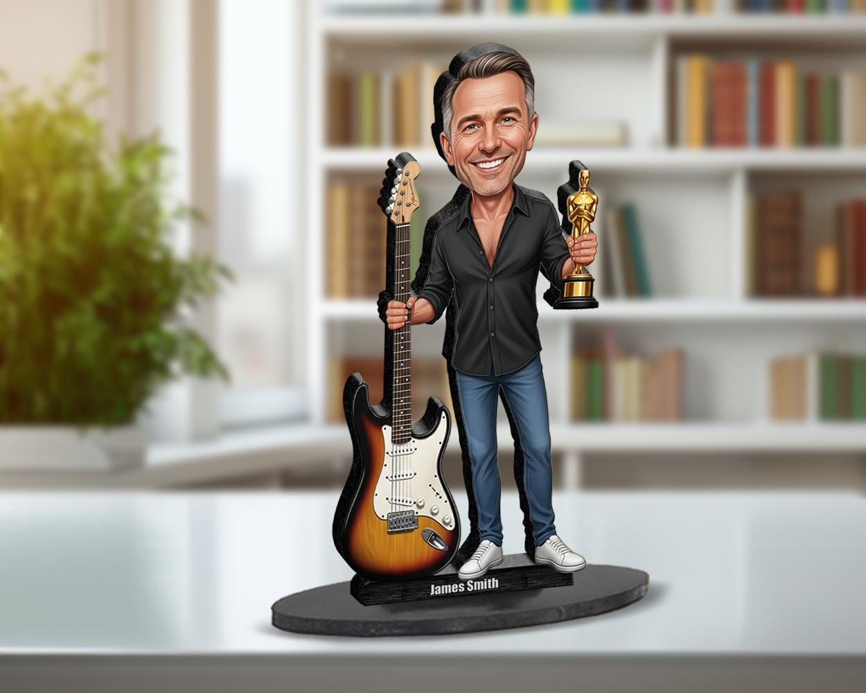 Custom Electric Guitar Figurine with Trophy | Personalized Gift for Guitarist or Music Teacher | Funny Magnet, Keychain, Car Charm