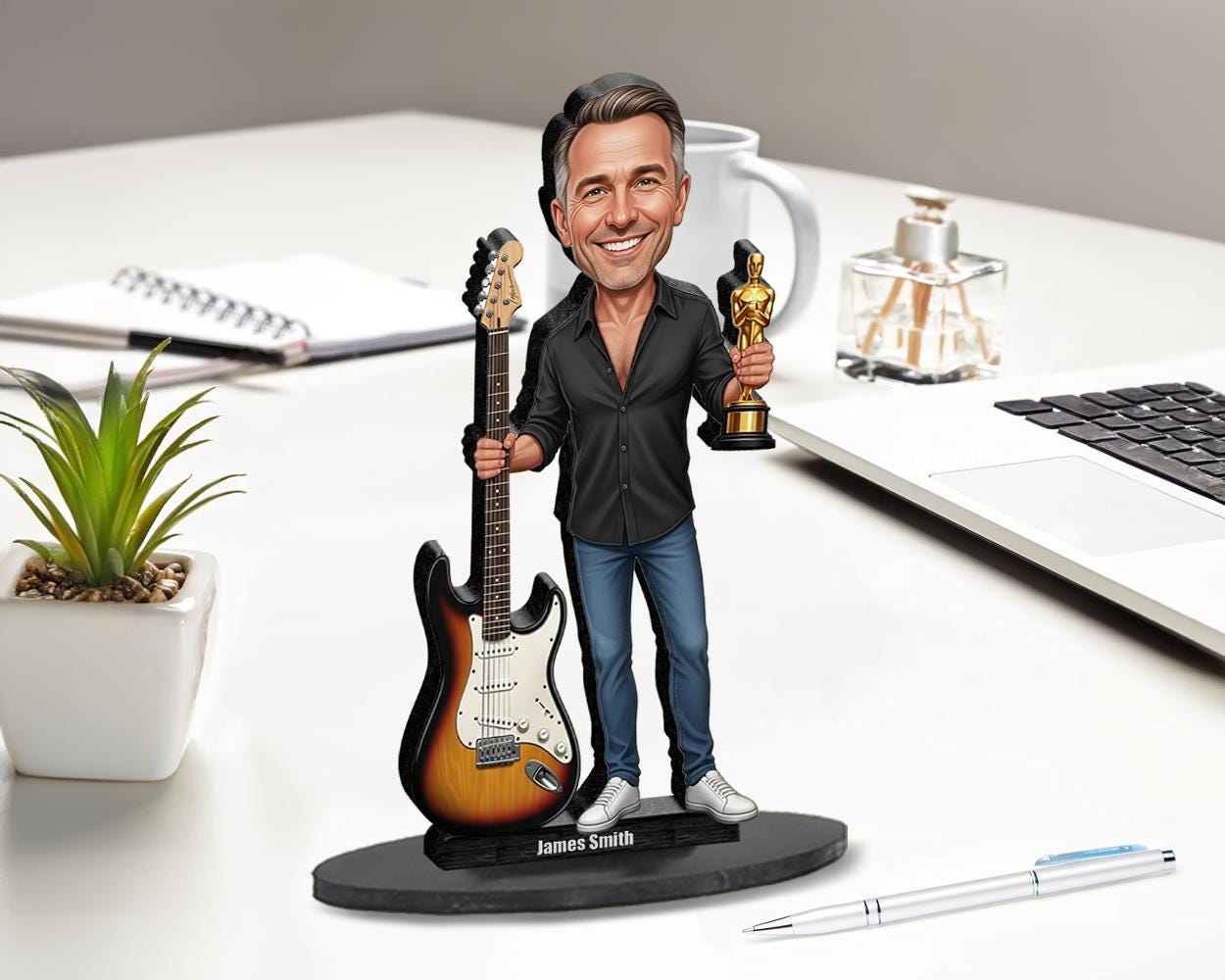 Custom Electric Guitar Figurine with Trophy | Personalized Gift for Guitarist or Music Teacher | Funny Magnet, Keychain, Car Charm
