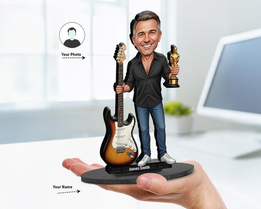 Custom caricature of a guitarist holding an electric guitar and a trophy, personalized with your photo and name, printed on wood or acrylic.