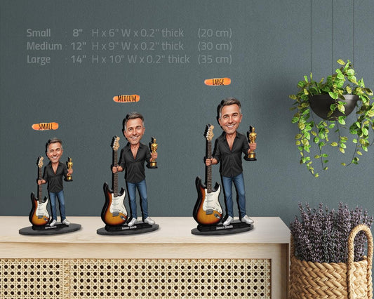 Custom Electric Guitar Figurine with Trophy | Personalized Gift for Guitarist or Music Teacher | Funny Magnet, Keychain, Car Charm