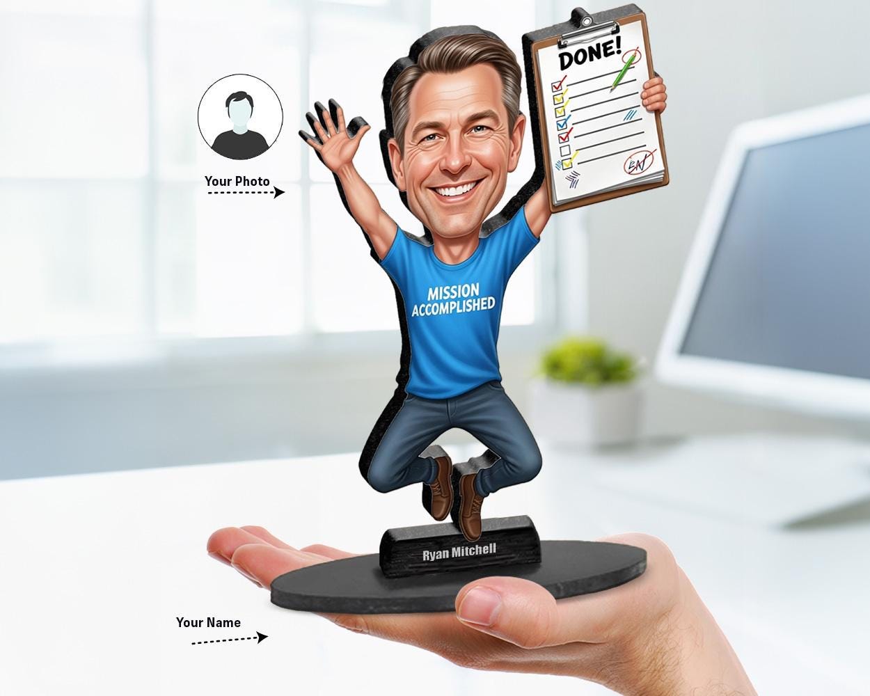 Custom big-head caricature of a man jumping with a clipboard marked “Done!” and wearing a “Mission Accomplished” shirt, printed on wood or acrylic, based on user photo.