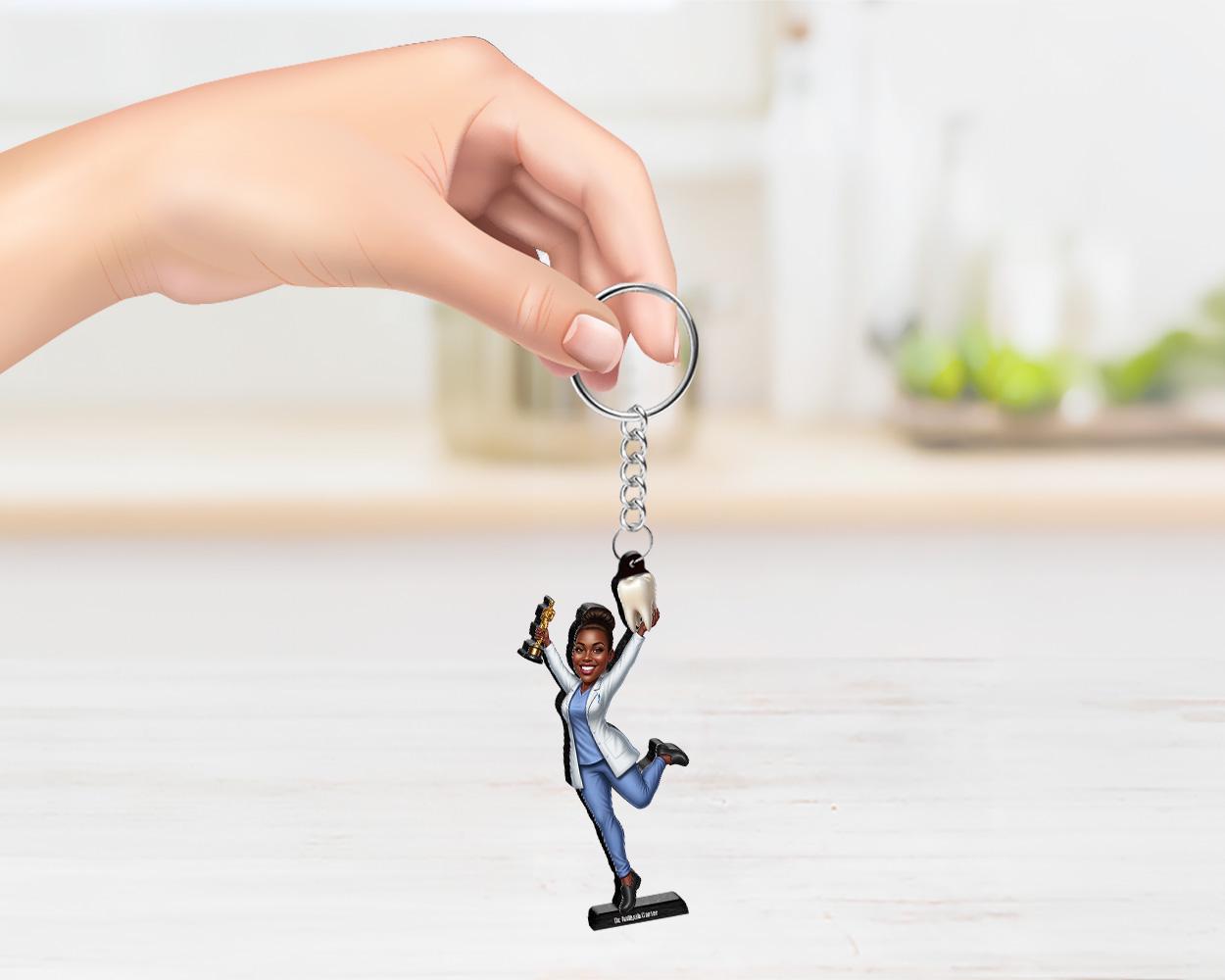 Orthodontist Gift Figurine | Custom Black Female Dentist Caricature with Name & Photo | Magnet, Keychain, Car Charm