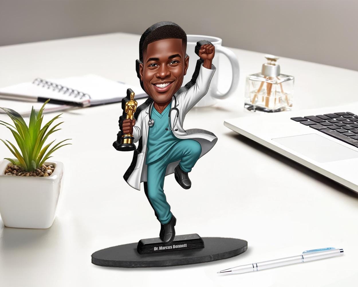 African American Male Doctor Figurine with Trophy | Custom Physician Caricature with Name & Photo | Medical Graduation Gift