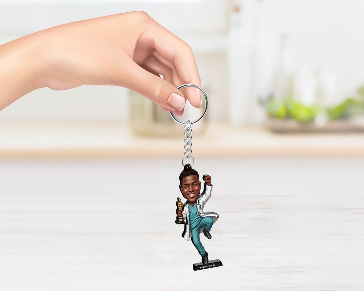 African American Male Doctor Figurine with Trophy | Custom Physician Caricature with Name & Photo | Medical Graduation Gift