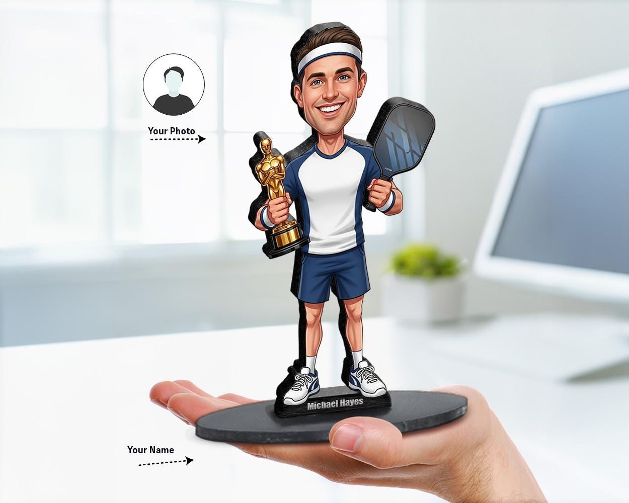Personalized Male Pickleball Champion Figurine | Award Caricature Portrait from Your Photo | Custom Figurine, Magnet, Keychain & Car Charm