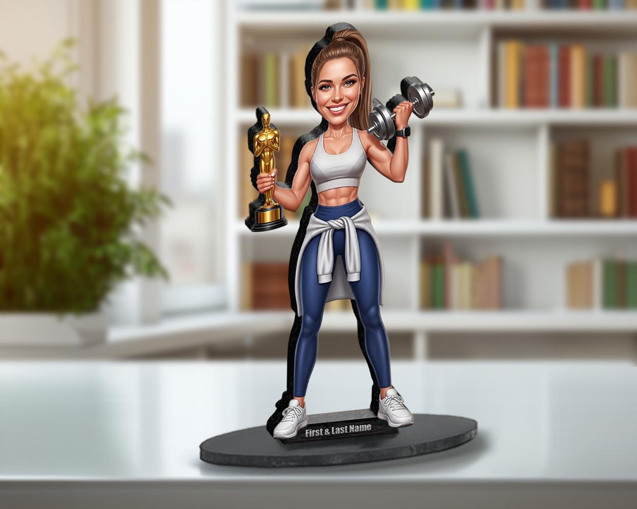 Female Fitness Coach Award Gift | Personal Trainer Caricature Trophy Keepsake | Custom Figurine, Magnet, Keychain & Car Charm