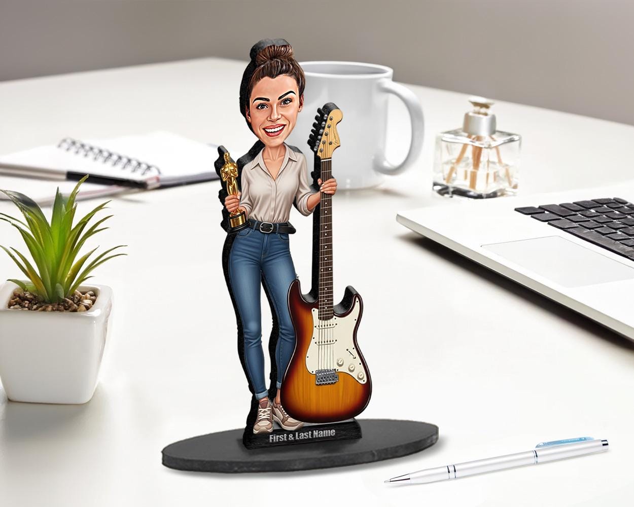 Personalized Female Guitarist Figurine | Musician Award Caricature Gift | Custom Figurine, Magnet, Keychain & Car Charm