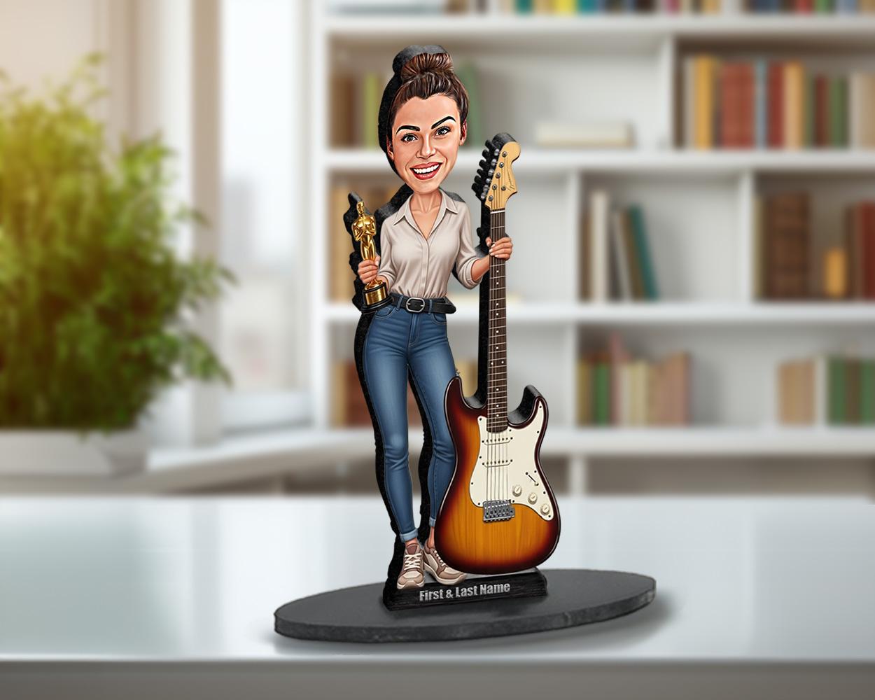 Personalized Female Guitarist Figurine | Musician Award Caricature Gift | Custom Figurine, Magnet, Keychain & Car Charm