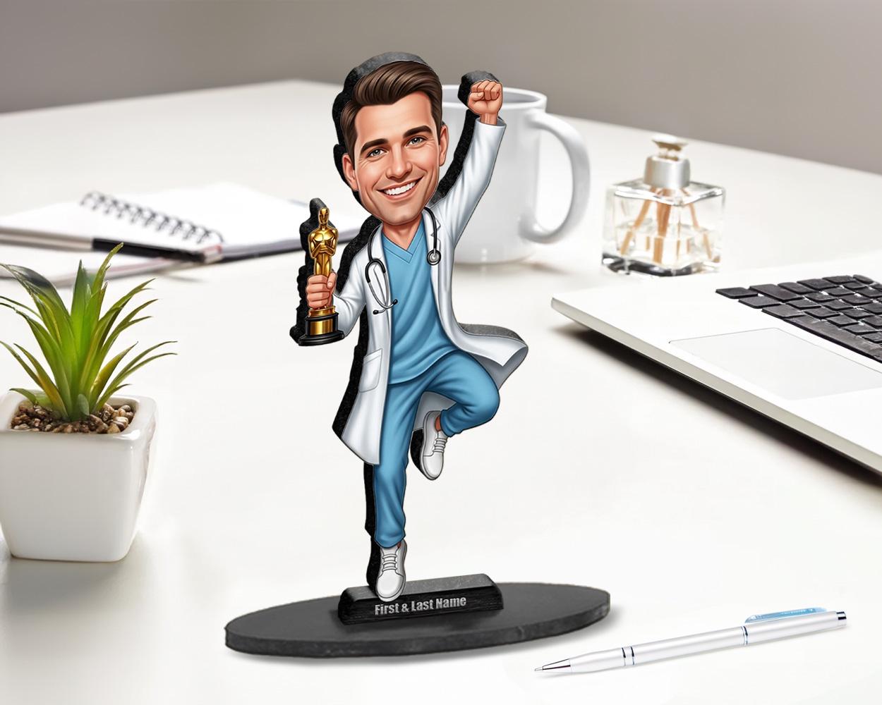 Male Medical Doctor Figurine | Personalized Healthcare Award Caricature | Custom Figurine, Magnet, Keychain & Car Charm