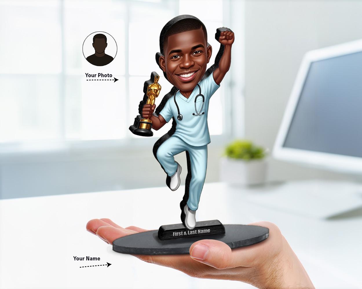 Big-head caricature of an African American male doctor in blue scrubs and white coat with stethoscope, holding a golden trophy, printed on wood or acrylic, victory pose on white background.