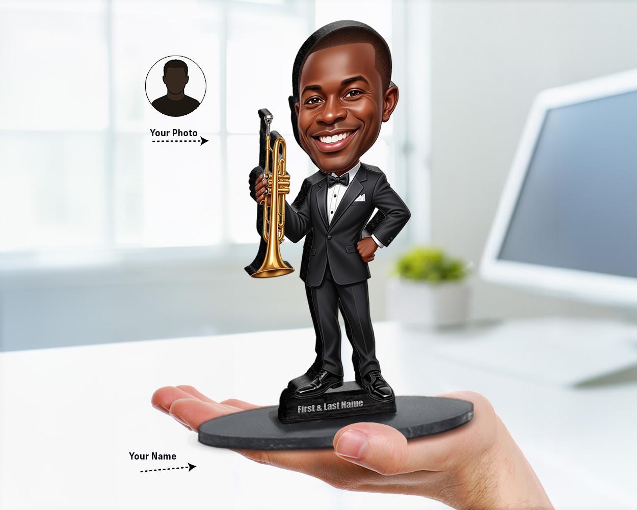 African American Female Trumpet Figurine | Personalized Jazz Musician Caricature Gift from Your Photo | Custom Figurine Magnet Keychain