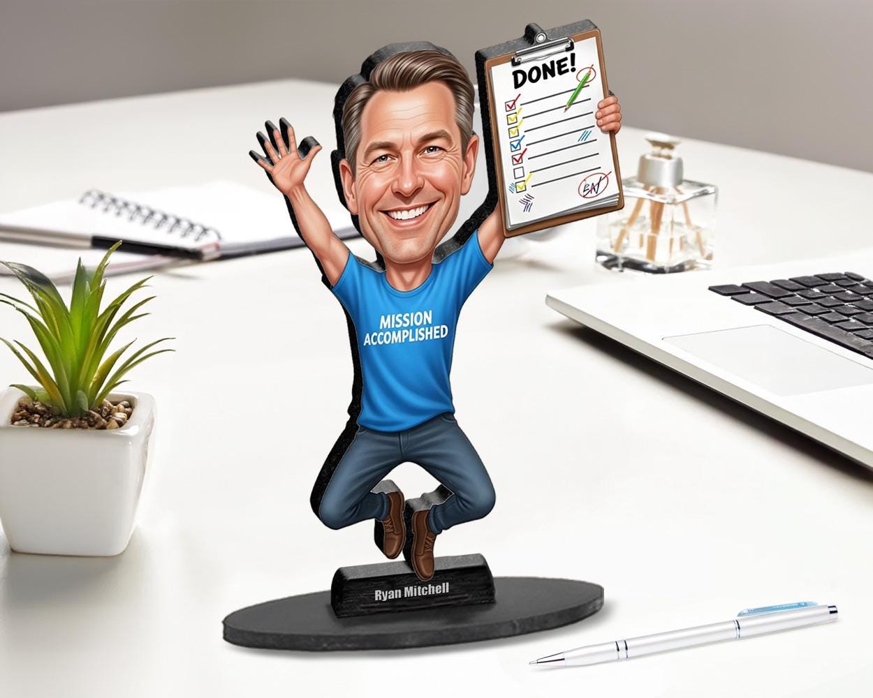 Funny Mission Accomplished Figurine Gift | Custom Goal Getter Caricature | Magnet, Keychain, Car Charm