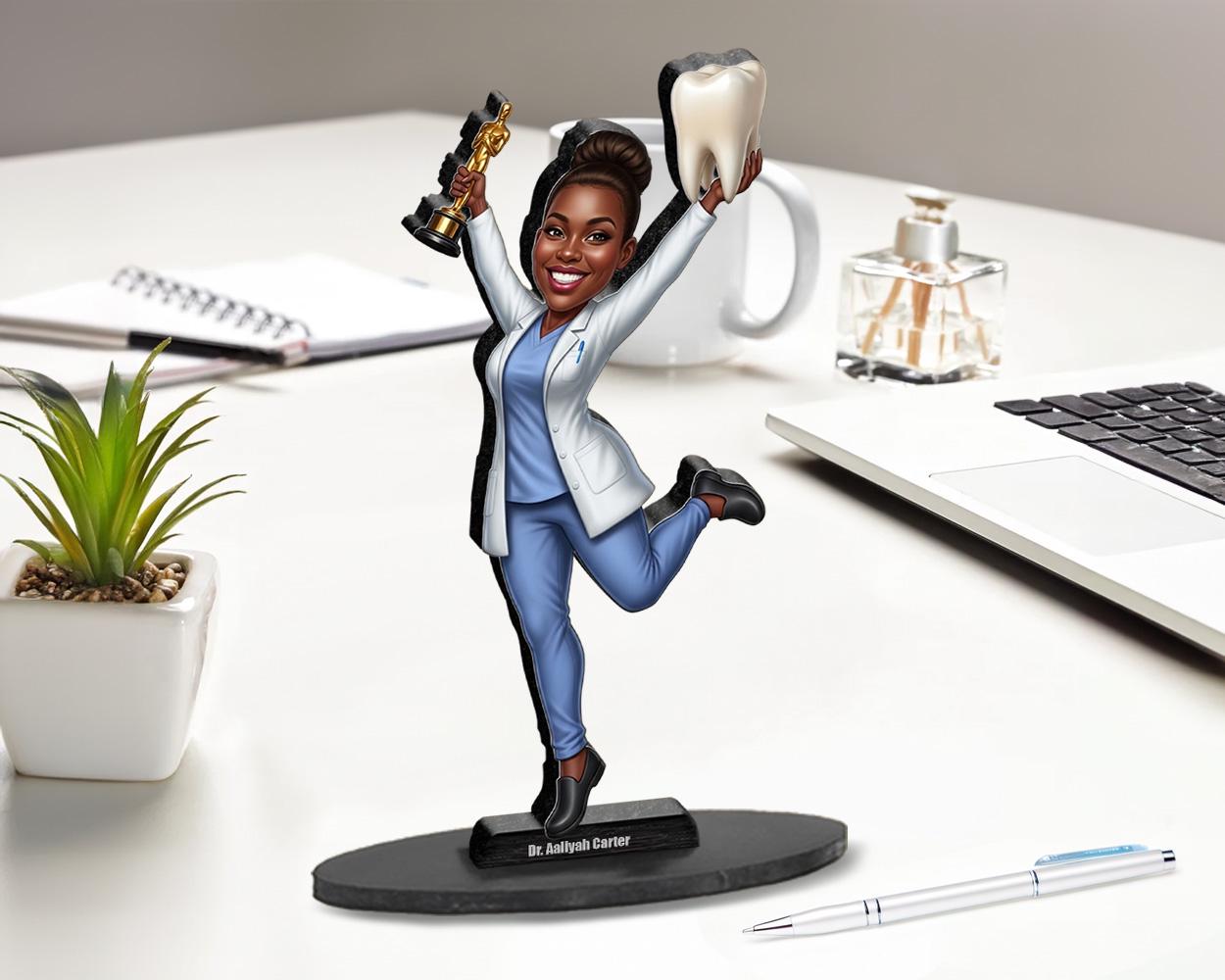 Orthodontist Gift Figurine | Custom Black Female Dentist Caricature with Name & Photo | Magnet, Keychain, Car Charm