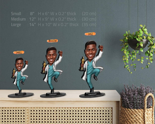African American Male Doctor Figurine with Trophy | Custom Physician Caricature with Name & Photo | Medical Graduation Gift
