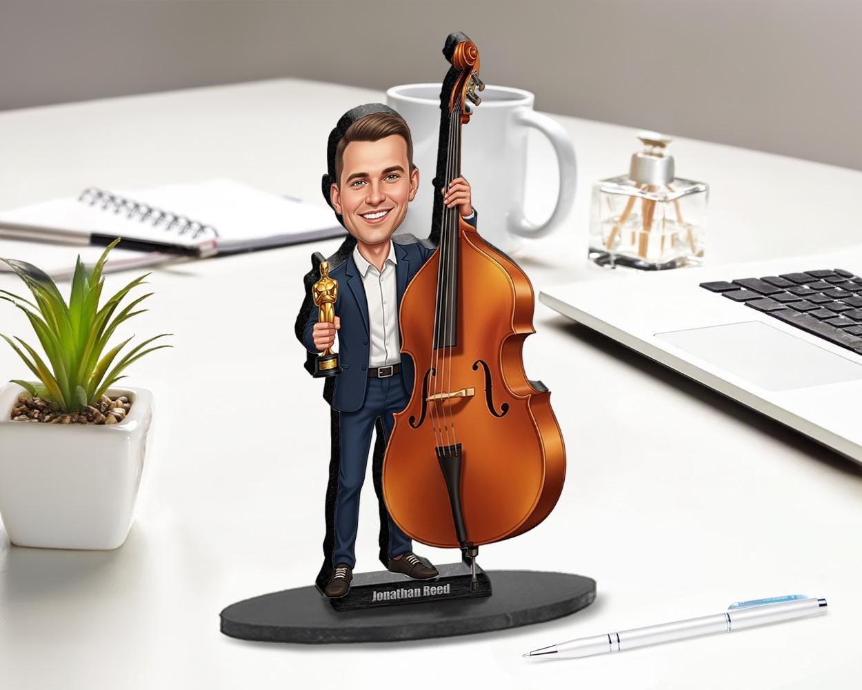 Personalized Male Double Bassist Figurine | Music Award Caricature Portrait from Your Photo | Custom Figurine, Magnet, Keychain & Car Charm